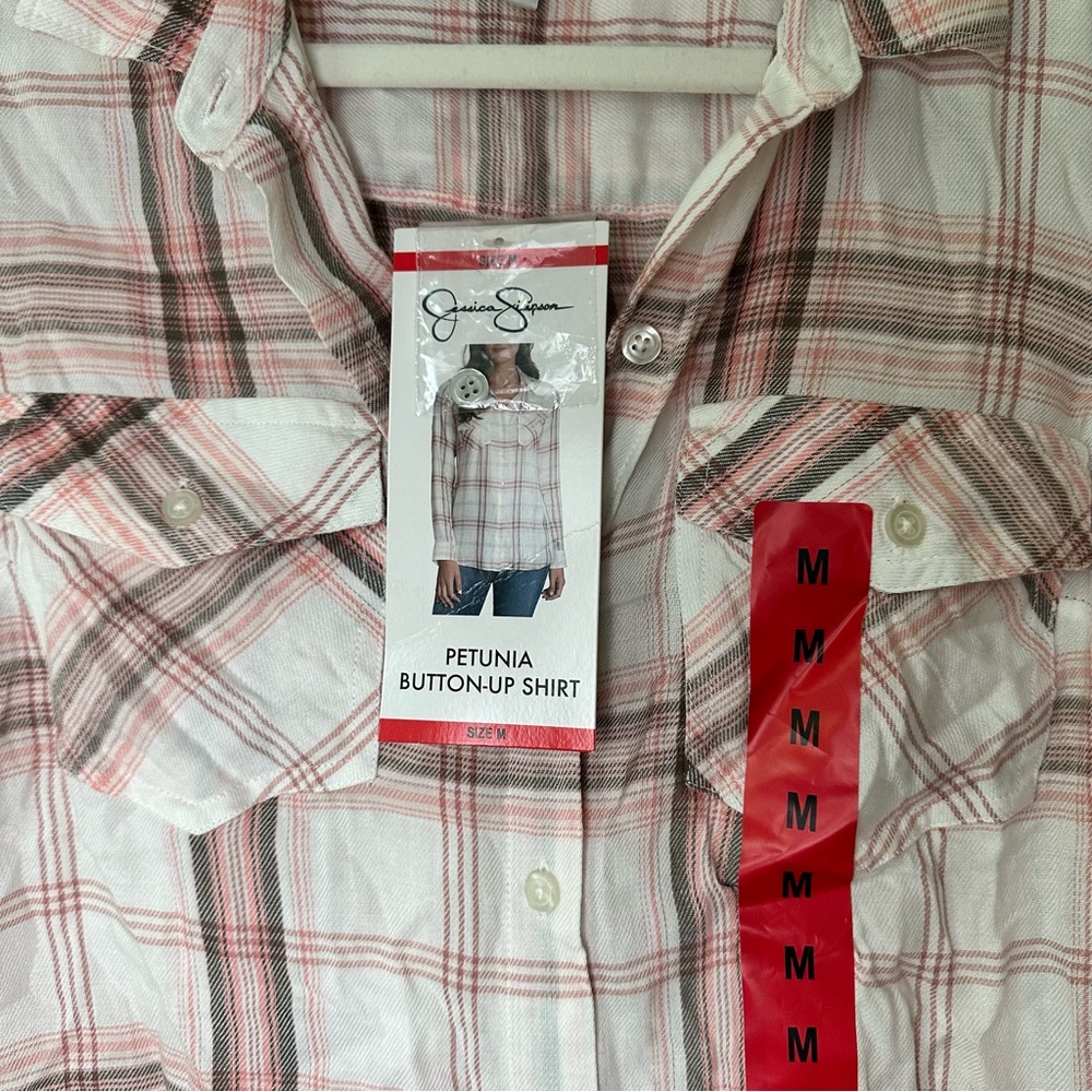 Women’s Jessica Simpson Pink and White Plaid Button-Up Shirt - Picture 3 of 6